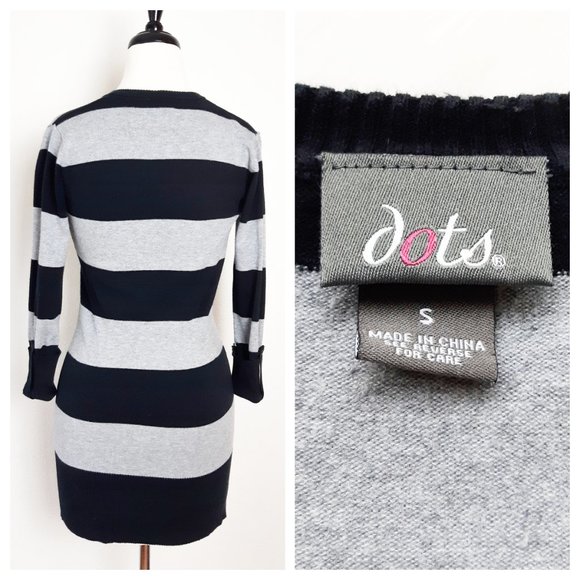 Dots Striped Tuinc Sweater Gray and Black Wide Stripe V Neck Cuffed Crop Sleeve - Picture 5 of 8